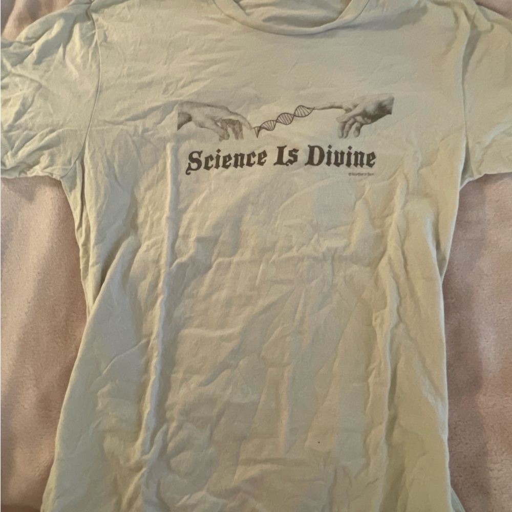 beige “science is divine” shirt size small
